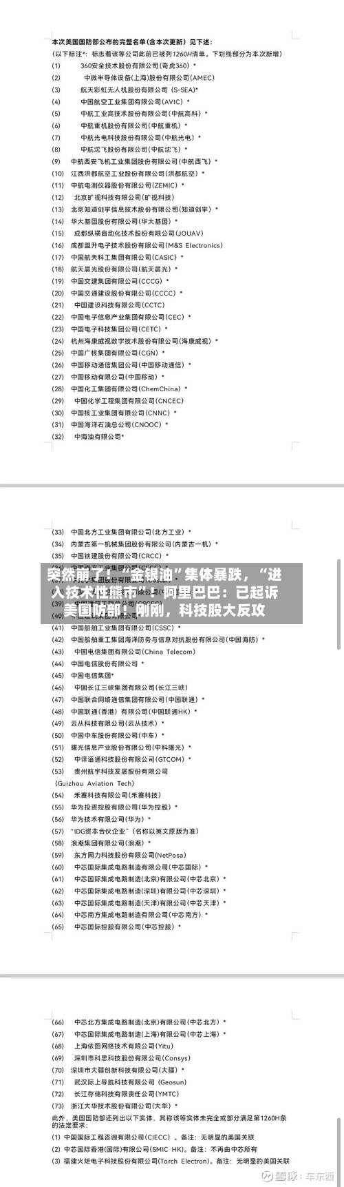 突然崩了！“金银油”集体暴跌，“进入技术性熊市”！阿里巴巴：已起诉美国防部！刚刚，科技股大反攻